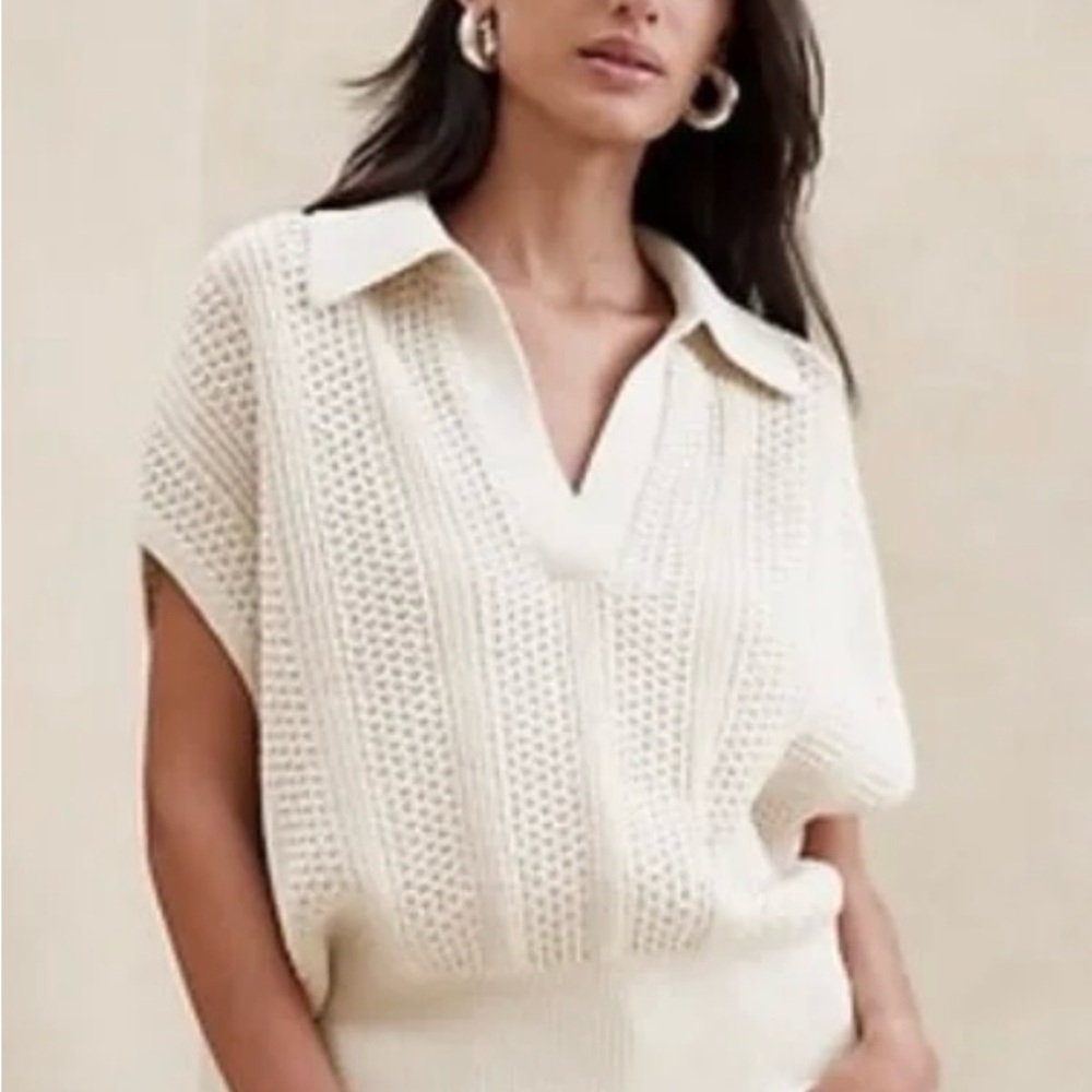 Banana Republic V neck Jeanette Sweater Polo oversized Large  Cream 100% Cotton